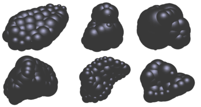 Simplification of the geometry if six different ballast particles using sphere clusters.